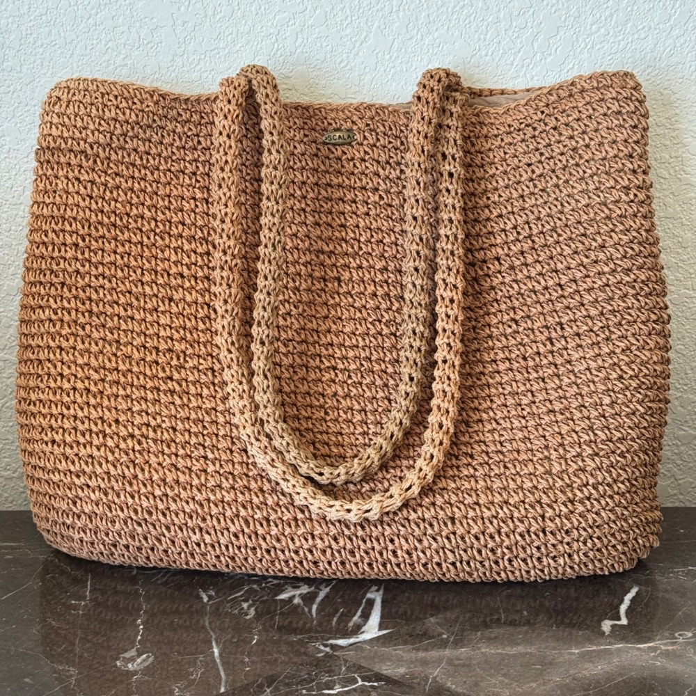 Scala Collection Woven Straw Tote Bag Tan Raffia Shoulder Bag Summer Beach Boho